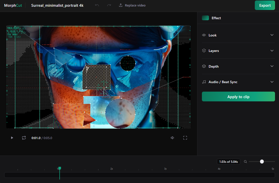 MorphCut editor with auto-tracked HUD effects applied to a portrait clip